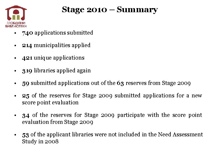 Stage 2010 – Summary • 740 applications submitted • 214 municipalities applied • 421
