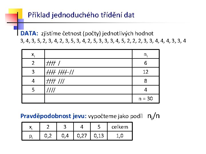 Příklad jednoduchého třídění dat DATA: zjistíme četnost (počty) jednotlivých hodnot 3, 4, 3, 5,