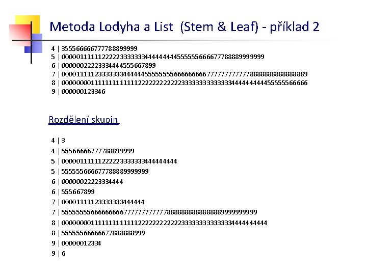 Metoda Lodyha a List (Stem & Leaf) - příklad 2 4 | 355566666777788899999 5