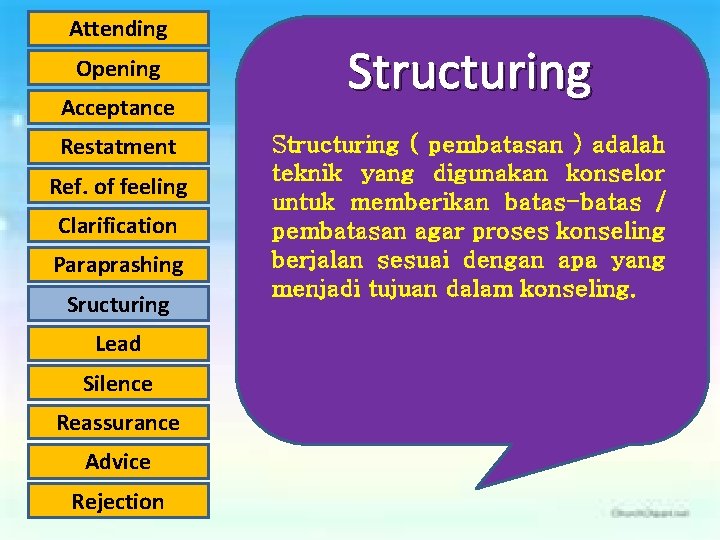 Attending Opening Acceptance Restatment Ref. of feeling Clarification Paraprashing Sructuring Lead Silence Reassurance Advice