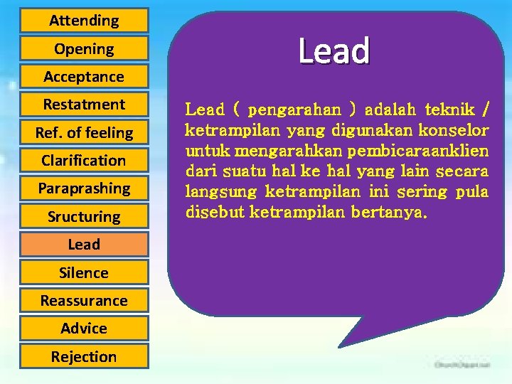 Attending Opening Acceptance Restatment Ref. of feeling Clarification Paraprashing Sructuring Lead Silence Reassurance Advice