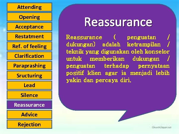 Attending Opening Acceptance Restatment Ref. of feeling Clarification Paraprashing Sructuring Lead Silence Reassurance Advice