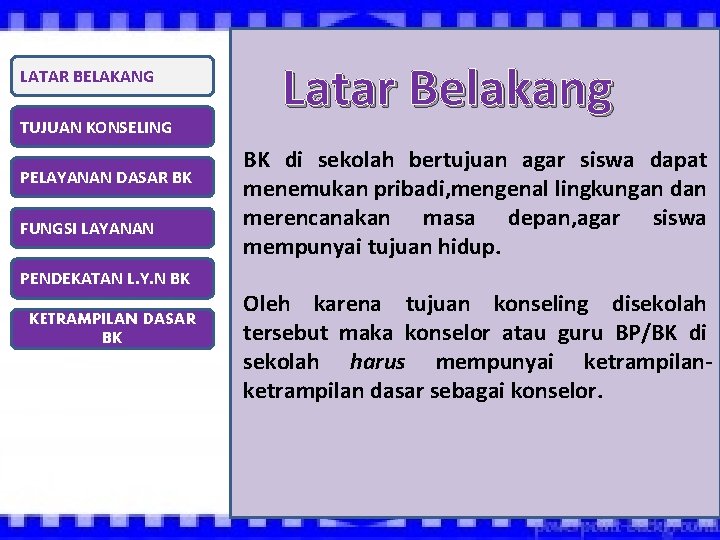 LATAR BELAKANG TUJUAN KONSELING PELAYANAN DASAR BK FUNGSI LAYANAN PENDEKATAN L. Y. N BK