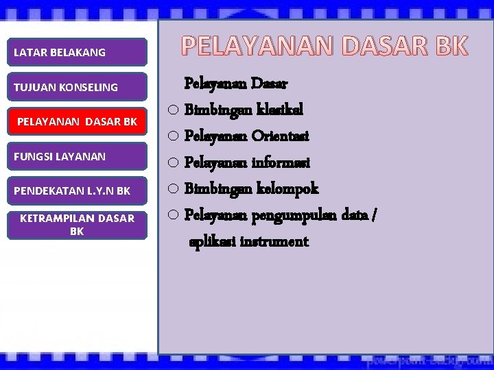 LATAR BELAKANG TUJUAN KONSELING PELAYANANDASARBK BK FUNGSI LAYANAN PENDEKATAN L. Y. N BK KETRAMPILAN