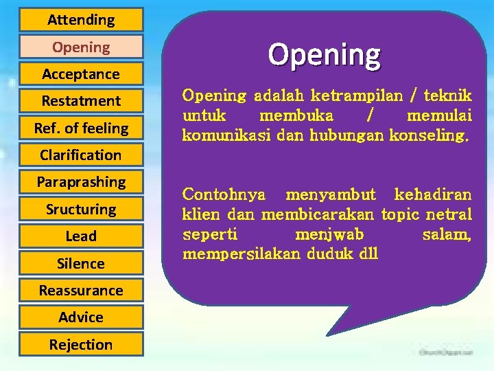 Attending Opening Acceptance Restatment Ref. of feeling Opening adalah ketrampilan / teknik untuk membuka