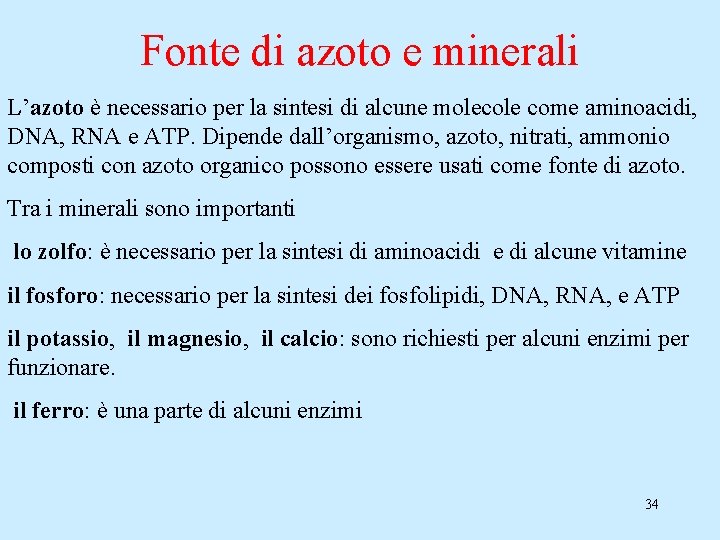 Fonte di azoto e minerali L’azoto è necessario per la sintesi di alcune molecole