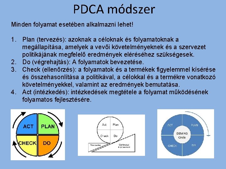 PDCA módszer Minden folyamat esetében alkalmazni lehet! 1. Plan (tervezés): azoknak a céloknak és