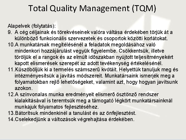 Total Quality Management (TQM) Alapelvek (folytatás): 9. A cég céljainak és törekvéseinek valóra váltása
