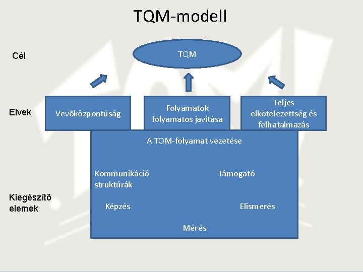 TQM-modell Cél TQM Elvek Folyamatok folyamatos javítása Vevőközpontúság Teljes elkötelezettség és felhatalmazás A TQM-folyamat