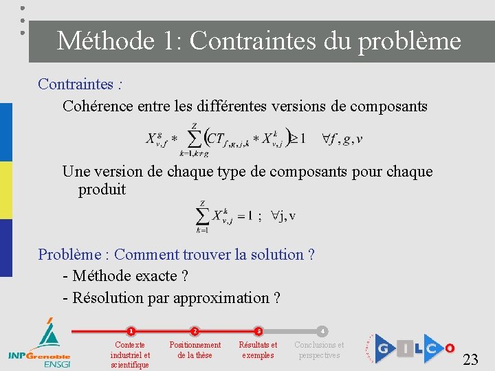Méthode 1: Contraintes du problème Contraintes : Cohérence entre les différentes versions de composants