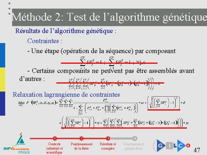 Méthode 2: Test de l’algorithme génétique Résultats de l’algorithme génétique : Contraintes : -