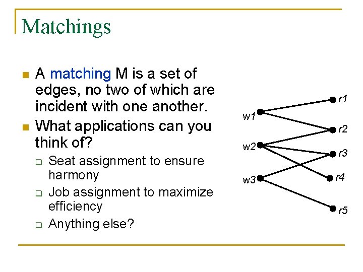 Matchings n n A matching M is a set of edges, no two of Matchings n n A matching M is a set of edges, no two of