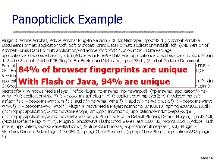 Panopticlick Example Plugin 0: Adobe Acrobat; Adobe Acrobat Plug-In Version 7. 00 for Netscape;