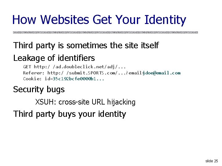 How Websites Get Your Identity Third party is sometimes the site itself Leakage of