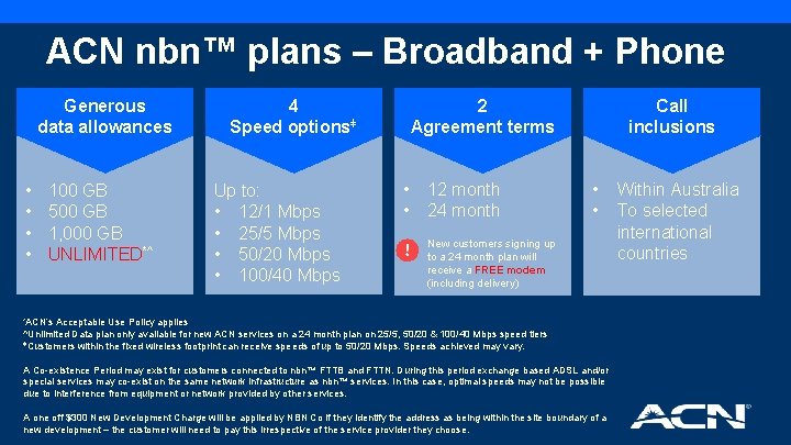 ACN nbn™ plans – Broadband + Phone Generous data allowances • • 100 GB