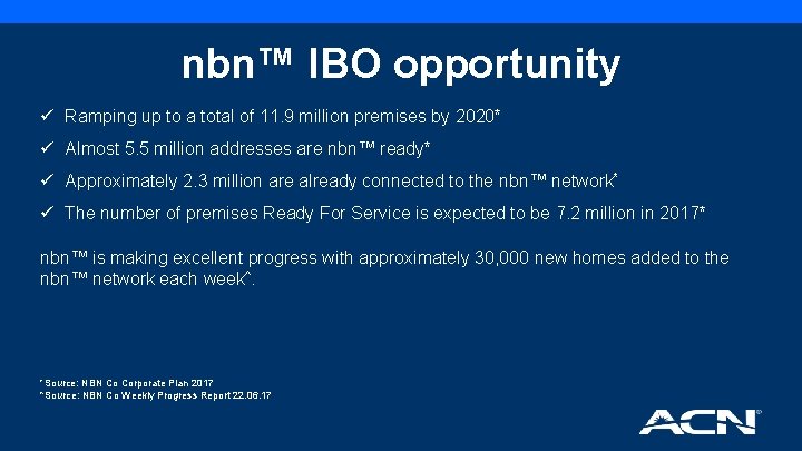 nbn™ IBO opportunity ü Ramping up to a total of 11. 9 million premises