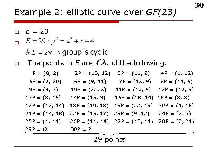 Example 2: elliptic curve over GF(23) o 30 p = 23 o o The