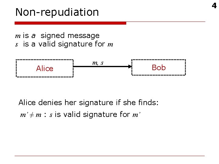 4 Non-repudiation m is a signed message s is a valid signature for m