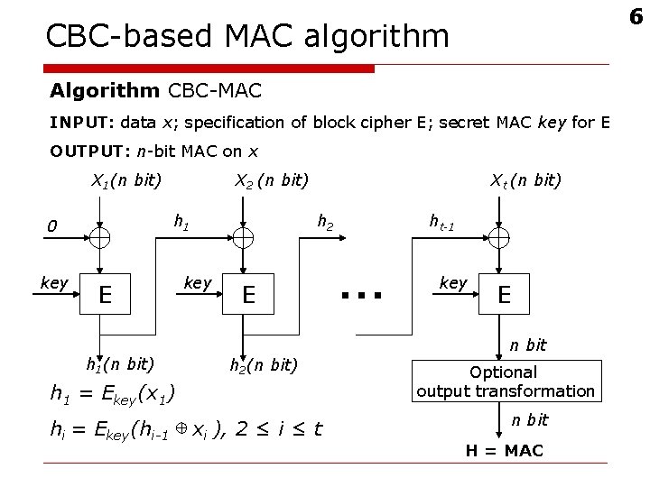 6 CBC-based MAC algorithm Algorithm CBC-MAC INPUT: data x; specification of block cipher E;