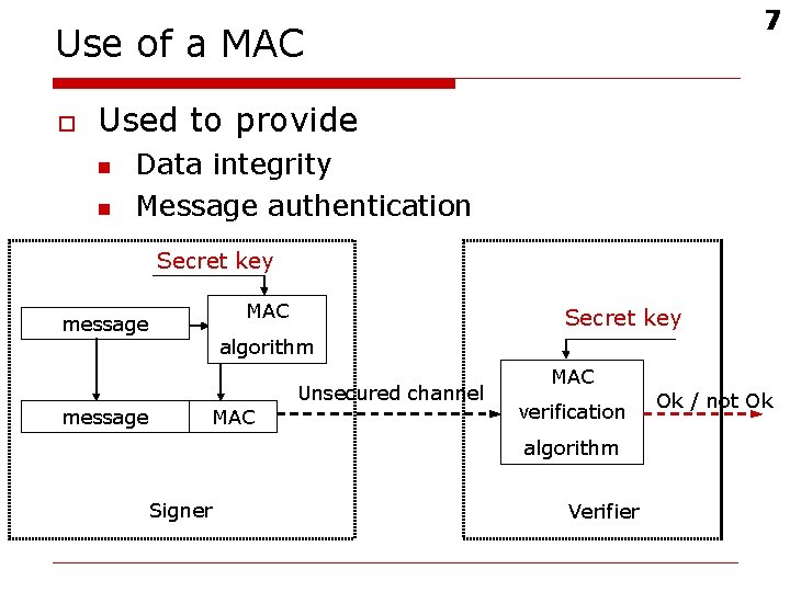 7 Use of a MAC o Used to provide n n Data integrity Message