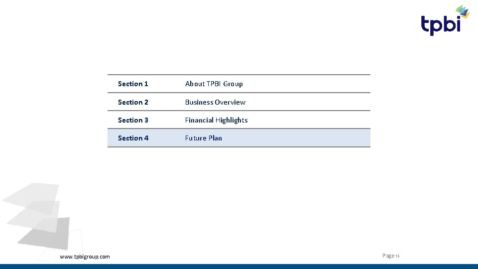 Agenda www. tpbigroup. com Section 1 About TPBI Group Section 2 Business Overview Section