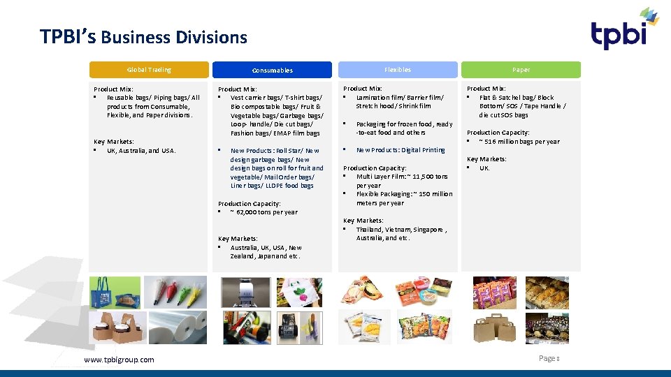 TPBI’s Business Divisions Global Trading Product Mix: • Reusable bags/ Piping bags/ All products