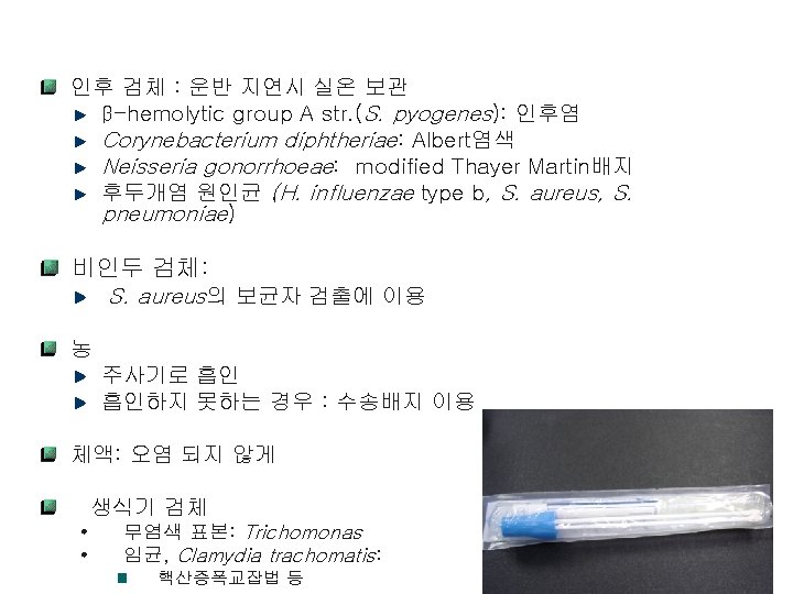 인후 검체 : 운반 지연시 실온 보관 β-hemolytic group A str. (S. pyogenes): 인후염