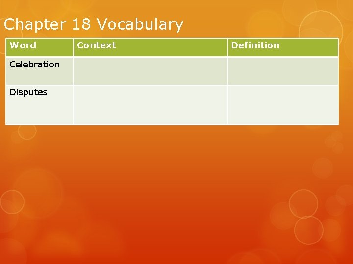 Chapter 18 Vocabulary Word Celebration Disputes Context Definition 