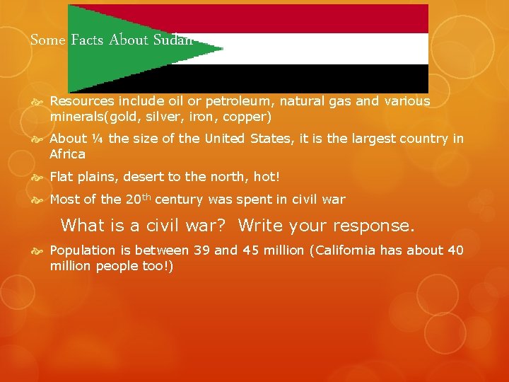 Some Facts About Sudan Resources include oil or petroleum, natural gas and various minerals(gold,