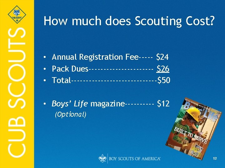 How much does Scouting Cost? • Annual Registration Fee----- $24 • Pack Dues----------- $26