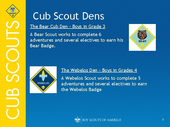 Cub Scout Dens The Bear Cub Den – Boys in Grade 3 A Bear