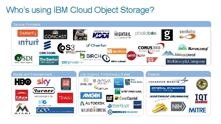 Who’s using IBM Cloud Object Storage? Service Providers Media and Entertainment Life Science, Fin.