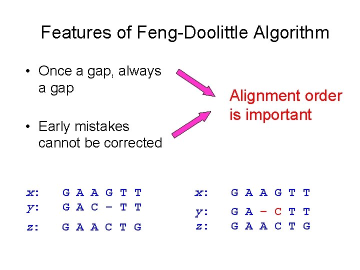 Features of Feng-Doolittle Algorithm • Once a gap, always a gap Alignment order is