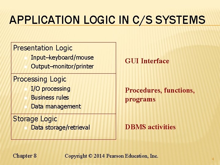 APPLICATION LOGIC IN C/S SYSTEMS Presentation Logic n n Input–keyboard/mouse Output–monitor/printer GUI Interface Processing