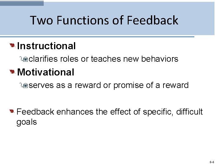Two Functions of Feedback Instructional 9 clarifies roles or teaches new behaviors Motivational 9