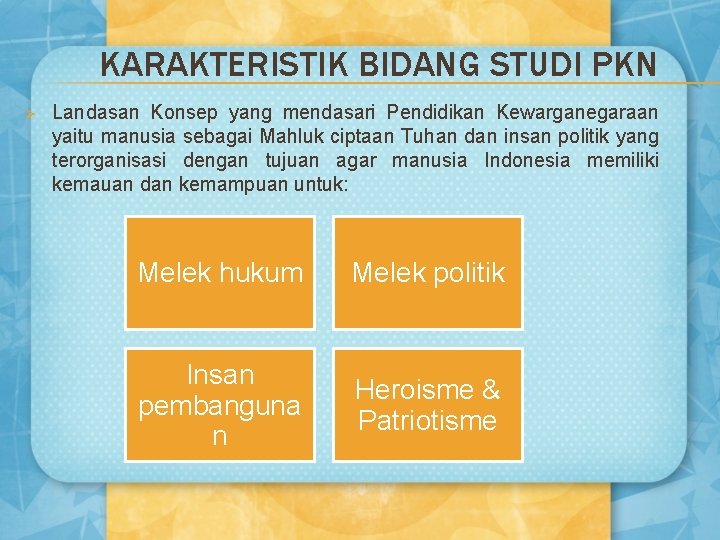 KARAKTERISTIK BIDANG STUDI PKN Ø Landasan Konsep yang mendasari Pendidikan Kewarganegaraan yaitu manusia sebagai