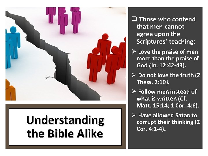 q Those who contend that men cannot agree upon the Scriptures’ teaching: Understanding the