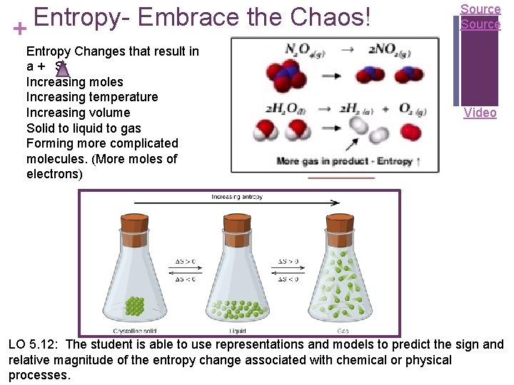 Entropy- Embrace the Chaos! + Entropy Changes that result in a + S: Increasing