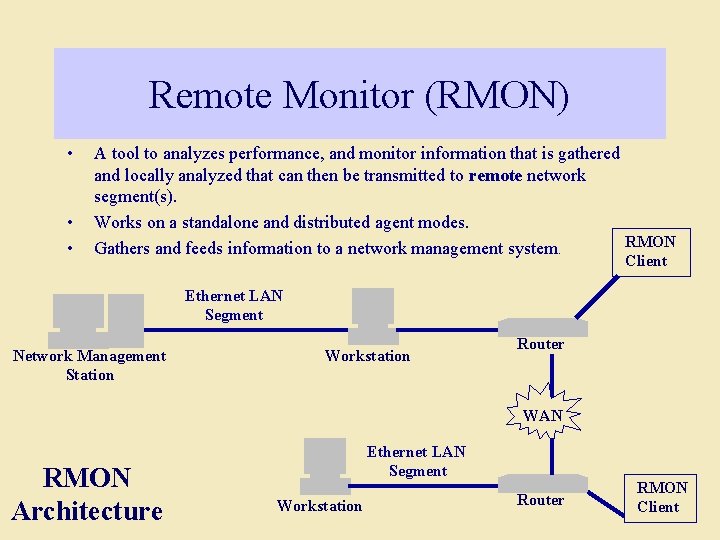 Remote Monitor (RMON) • • • A tool to analyzes performance, and monitor information