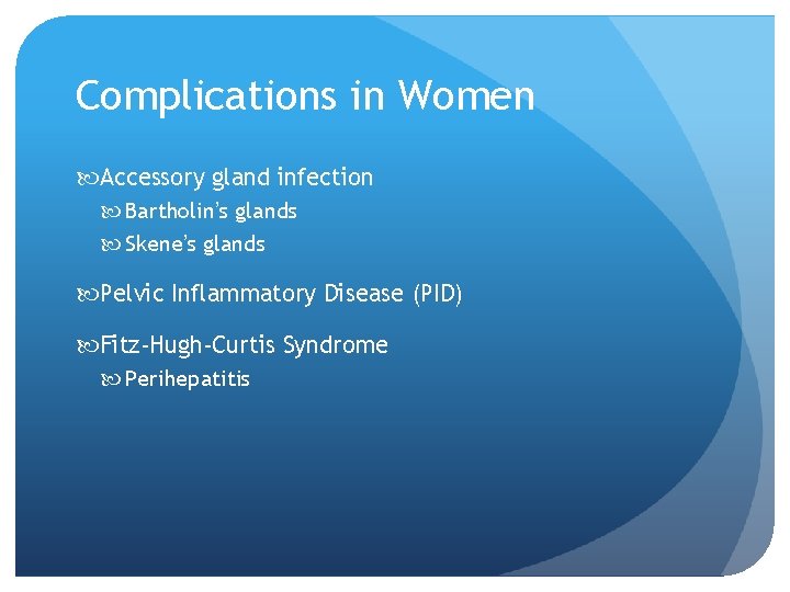 Complications in Women Accessory gland infection Bartholin’s glands Skene’s glands Pelvic Inflammatory Disease (PID)