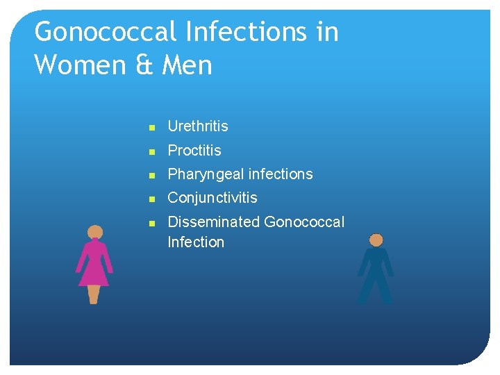 Gonococcal Infections in Women & Men n Urethritis n Proctitis n Pharyngeal infections n