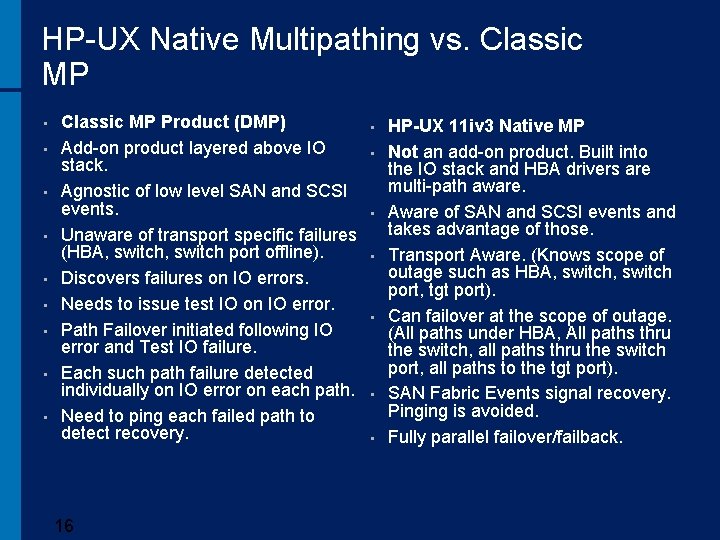 HP-UX Native Multipathing vs. Classic MP • • • Classic MP Product (DMP) Add-on