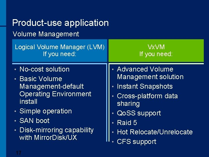 Product-use application Volume Management Logical Volume Manager (LVM) If you need: • • •
