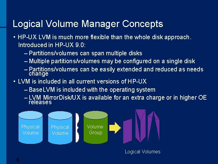 Logical Volume Manager Concepts • HP-UX LVM is much more flexible than the whole