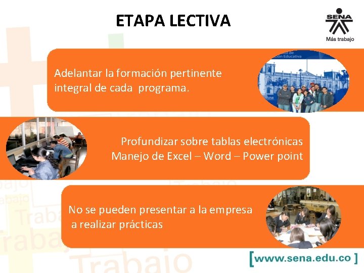ETAPA LECTIVA Adelantar la formación pertinente integral de cada programa. Profundizar sobre tablas electrónicas