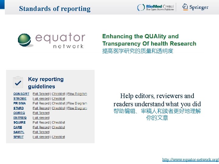 Standards of reporting 提高医学研究的质量和透明度 Help editors, reviewers and readers understand what you did 帮助编辑、审稿人和读者更好地理解 Standards of reporting 提高医学研究的质量和透明度 Help editors, reviewers and readers understand what you did 帮助编辑、审稿人和读者更好地理解