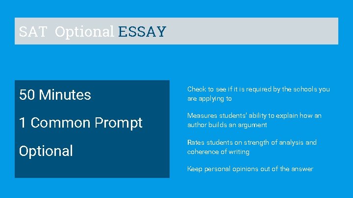 SAT Optional ESSAY 50 Minutes Check to see if it is required by the