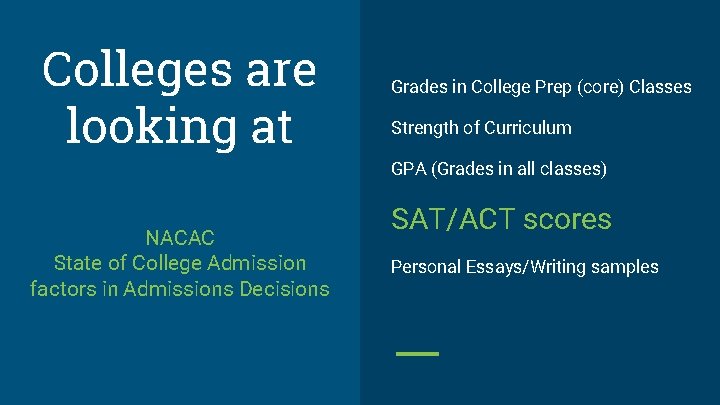 Colleges are looking at Grades in College Prep (core) Classes Strength of Curriculum GPA