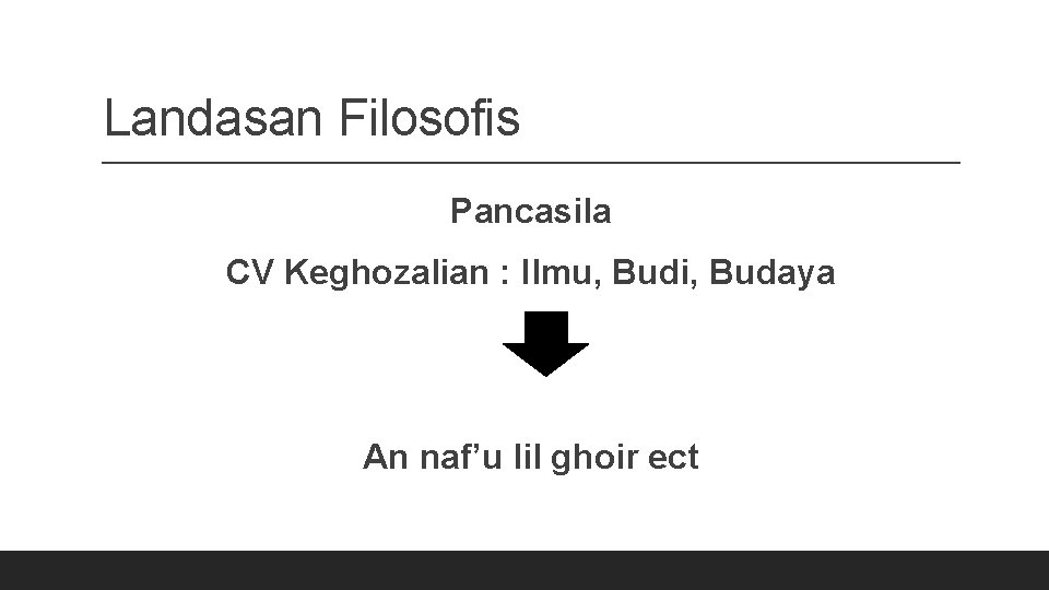 Landasan Filosofis Pancasila CV Keghozalian : Ilmu, Budi, Budaya An naf’u lil ghoir ect