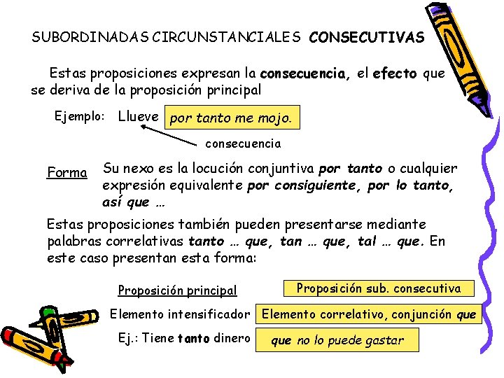 SUBORDINADAS CIRCUNSTANCIALES CONSECUTIVAS Estas proposiciones expresan la consecuencia, el efecto que se deriva de